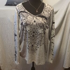 Dressbarn Black and Gray Floral Long Sleeve Top